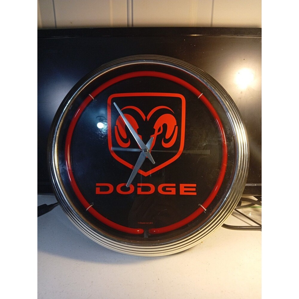 On The Edge Dodge Ram Wall Clock Red Neon Quartz Movement With Power Cable